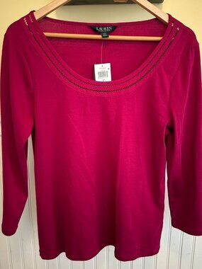 Lauren Ralph Lauren Fuchsia Long Sleeve Scoop Neck Top L Cotton Blend Womens